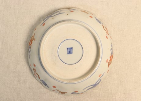 明治前期色絵桃に山水と鳥籠図通り物なます皿①5客組 1客少甘手