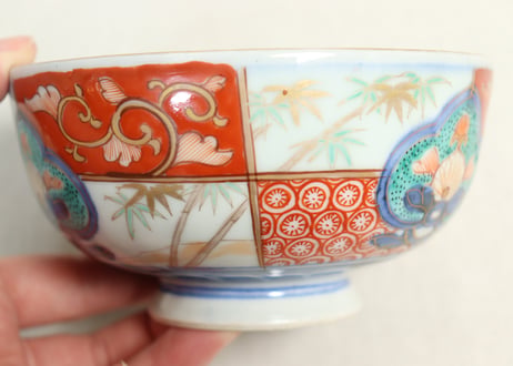 明治前期色絵市松に松竹梅図蒸茶碗③少甘手