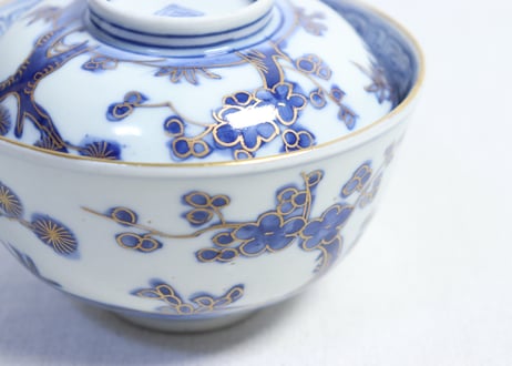 明治前期金彩染付松竹梅図通り物飯茶碗