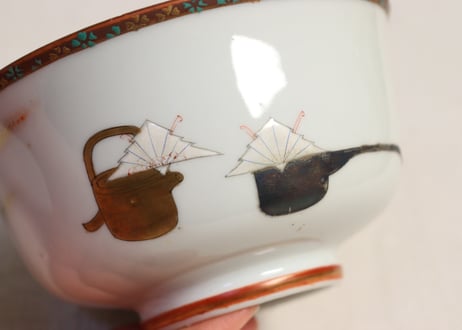 明治前期九谷焼色絵高砂図蒸茶碗