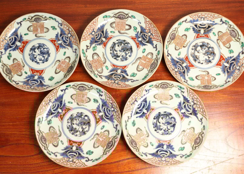 九谷焼 「王子喬 図 」色絵 六寸皿 ５客 ／中国 仙人 富士山 九谷焼 「王子喬 図 」色絵 六寸皿 5客 ／中国 仙人 富士山