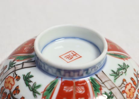 明治前期色絵三方に竹梅図通り物飯茶碗