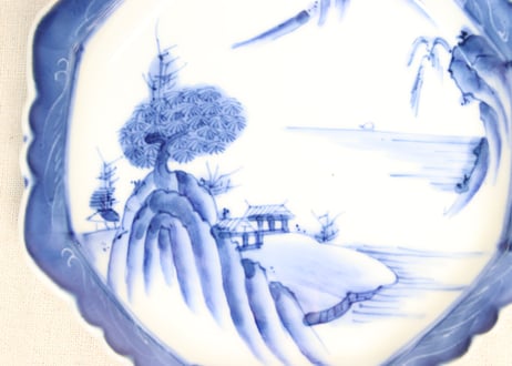 明治後期～大正染付山水図6寸八角皿