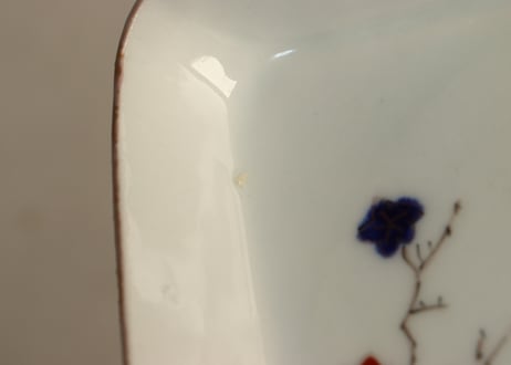 明治後期～大正色絵紅葉と鳥図縁立菱形皿②釉剥げ