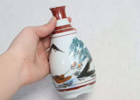 大正～昭和戦前九谷焼色絵プリント山水図徳利