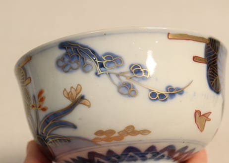 明治前期金彩染付四君子図飯茶碗