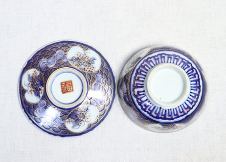 明治前期色絵草花に波図蒸茶碗①　 色擦れ