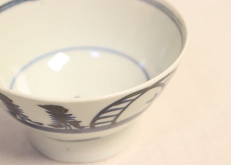 江戸後期染付鳥居と杉図広東型飯茶碗