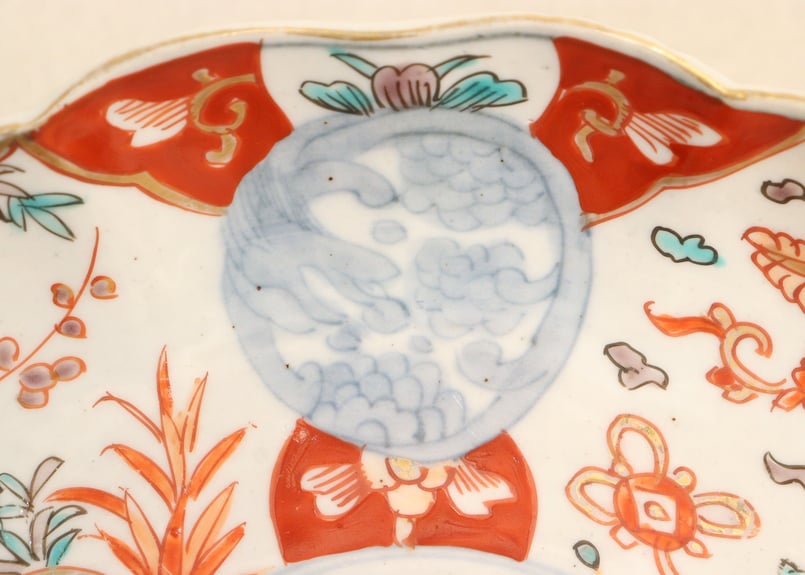 角皿 金彩 色絵付け 歪みあり 松竹梅 人物 船 小鳥 紅葉 5脚 江戸時代