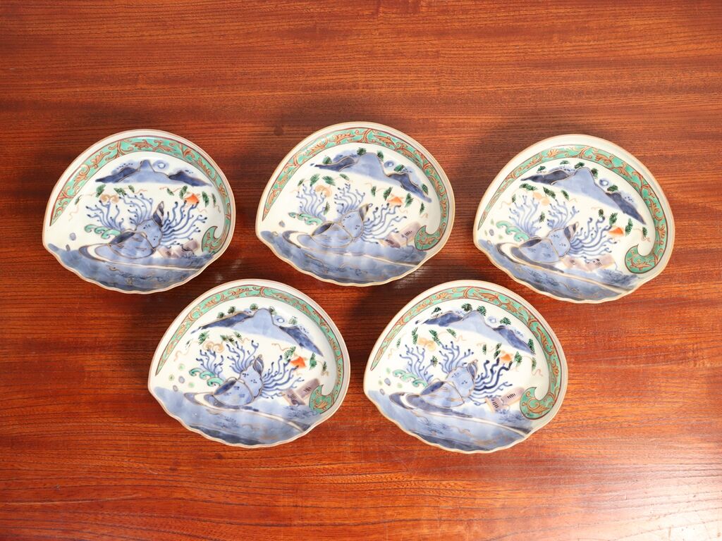江戸中期 古伊万里 色絵 貝型変形皿 鮑型皿 1客 - 食器