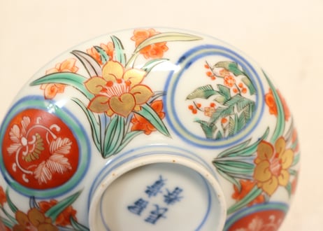 明治前期色絵四方に水仙図蓋茶碗　５客組　蓋窯傷,ノミホツあり