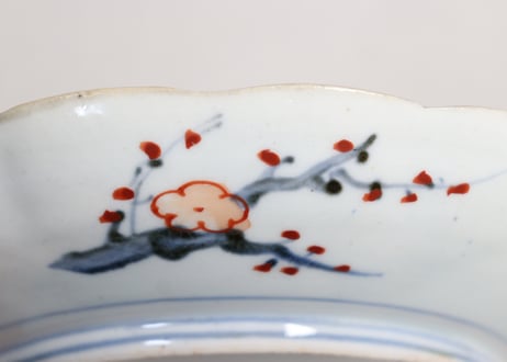 明治前期染付色絵八方に牡丹図７寸皿①ノミホツ
