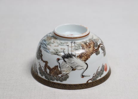 明治前期九谷焼色絵松鶴図通り物蒸茶碗