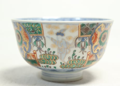 明治前期色絵獅子牡丹と人物図通り物飯茶碗①