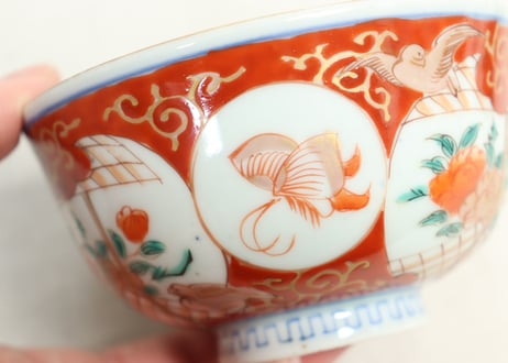 明治前期色絵瓢箪に蝶と花鳥図飯茶碗①