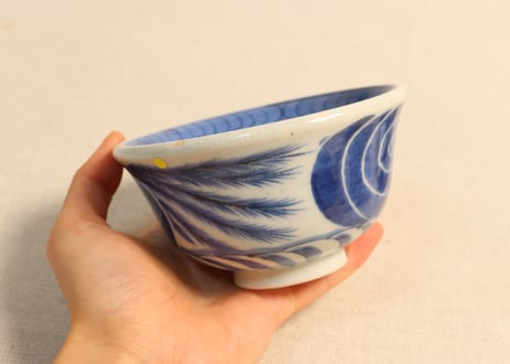 江戸後期染付柳と渦巻図飯茶碗②少甘手