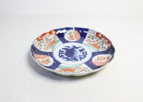明治前期色絵桃と三方に花鳥図７寸皿