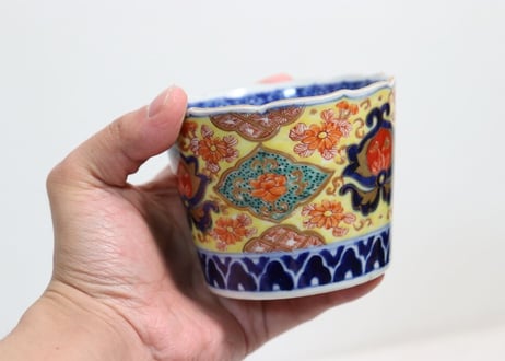 明治前期色絵六方に花図大猪口