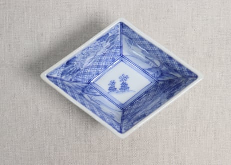 明治後期~大正染付牡丹と山水図菱形小鉢②少かたつき