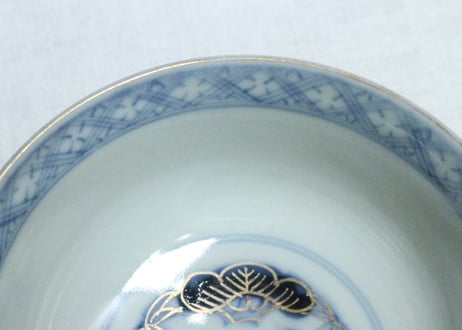 明治前期色絵扇面に菊図通り物飯茶碗