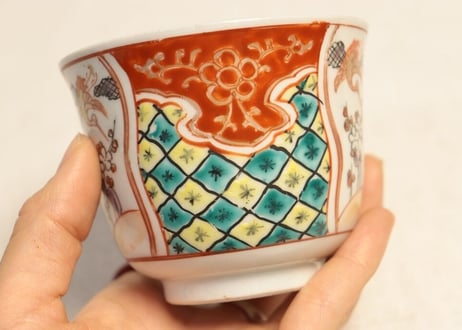 明治前期色絵三方に鶴と梅,見込みに兎図向付 ノミホツ