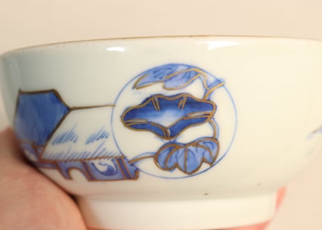 江戸幕末金彩朝顔と山水図飯茶碗