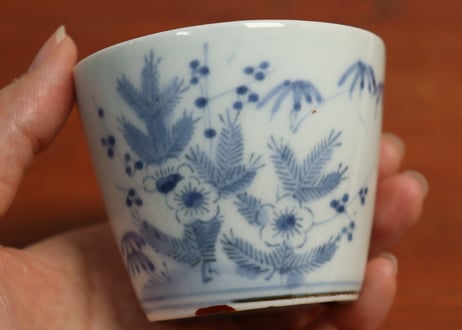 江戸中期紙刷古印判松竹梅図猪口　直し,高台小ホツ