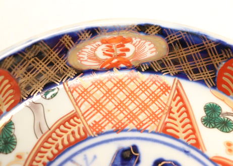 明治前期色絵山水と桐と松梅図縁立ち6寸皿①