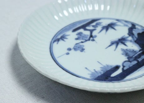 江戸中期染付松竹梅図輪花5.5寸皿　5客組