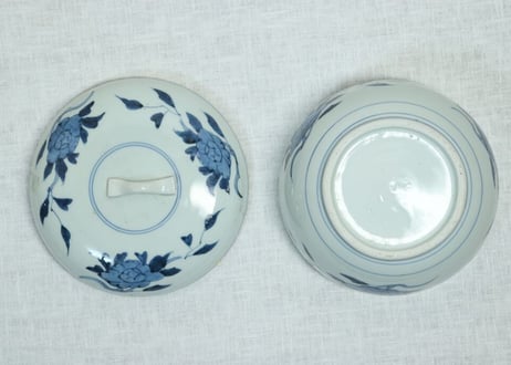 江戸中期染付三方に牡丹図食籠 蓋ノミホツ