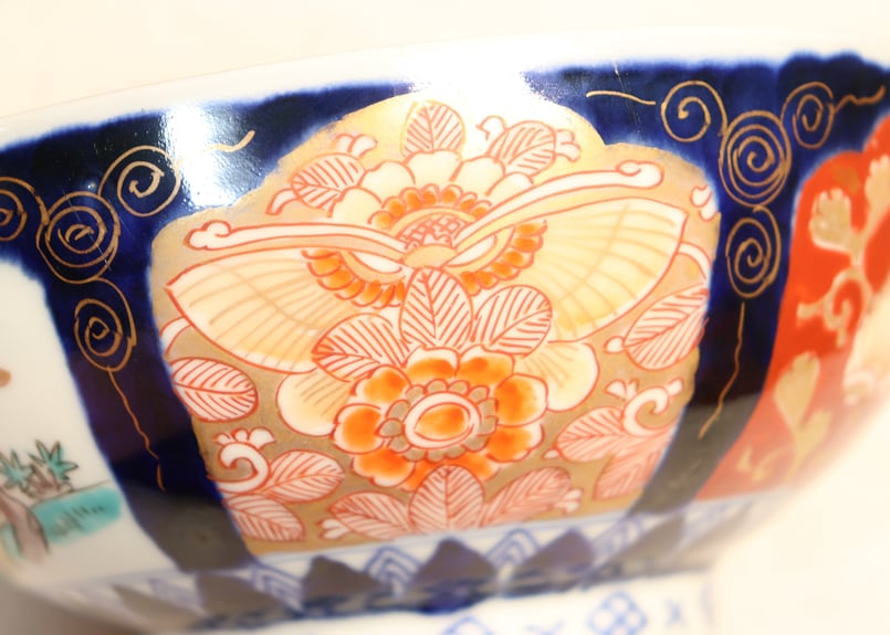 明治前期色絵梅に鶯と牡丹図6寸鉢 高台窯傷 | 吉祥寺PukuPuku