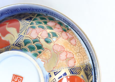 明治前期色絵桃と松鶴図通り物飯茶碗