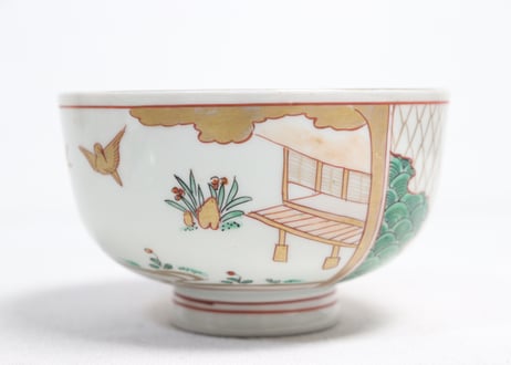 明治前期色絵網手に鶴と梅に鶯図通り物蒸茶碗①