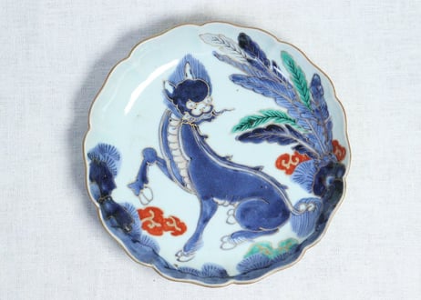 江戸中期色絵芭蕉に獅子図７寸皿　５客組