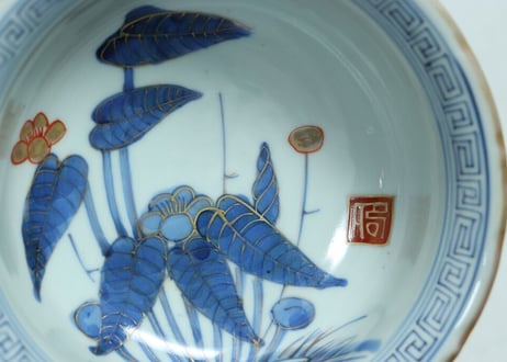 江戸幕末金彩染付河骨図三つ組鉢