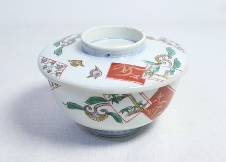 明治前期色絵麒麟に花鳥図蒸茶碗  フリモノ