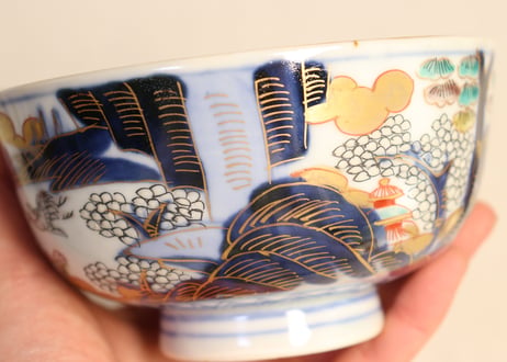 明治前期色絵山水図通り物蒸茶碗② ノミホツ