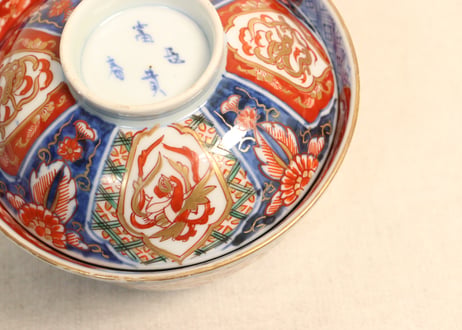 明治前期色絵四方に龍と鳳凰図通り物飯茶碗
