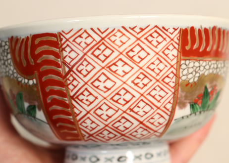 明治前期色絵桜に万年青図通り物飯茶碗①濃いめ