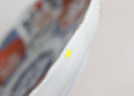 明治前期染付色絵八方に牡丹図７寸皿②ノミホツ,かたつき