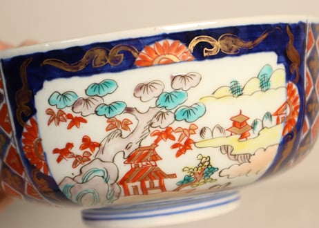 明治前期色絵魚と山水図6寸鉢