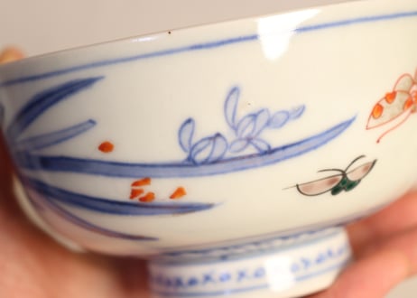 明治前期色絵牡丹と扇に春蘭図蒸茶碗② 少甘手