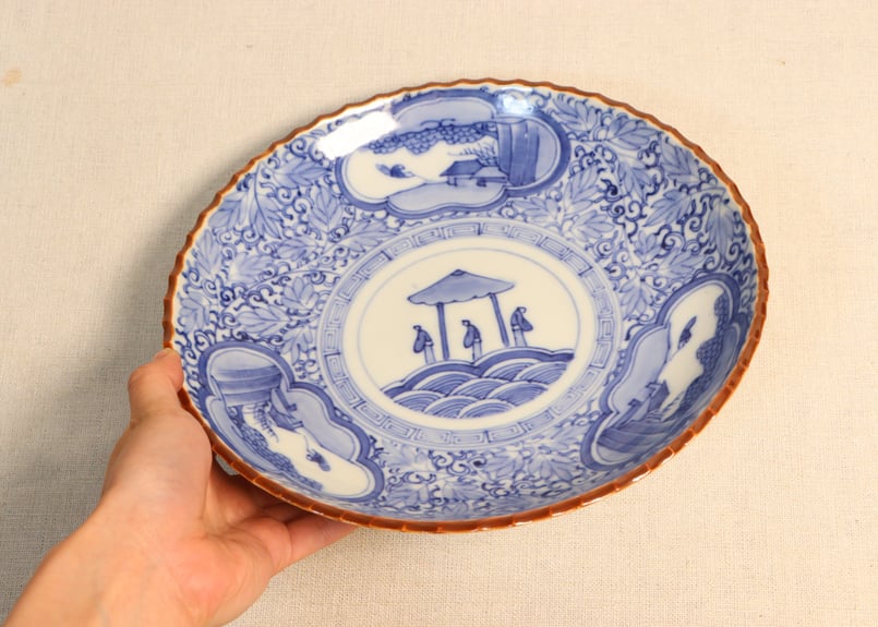 中皿　手描染付皿京山仙人図　直径約19センチ×５枚【山水の絵柄　時代物】 中皿 手描染付皿京山仙人図 直径約19センチ×5枚【