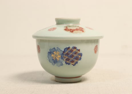 大正～昭和戦前色絵雪輪図つぼ碗 黒点