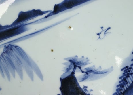 江戸幕末染付山水図尺皿 膨れ