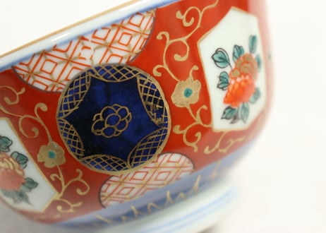 江戸幕末色絵牡丹と青玉図通り物飯茶碗