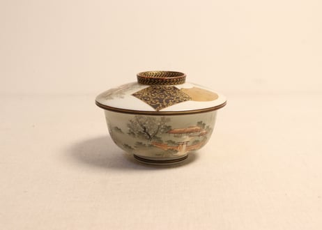 明治前期九谷焼色絵家風景図通り物蒸茶碗