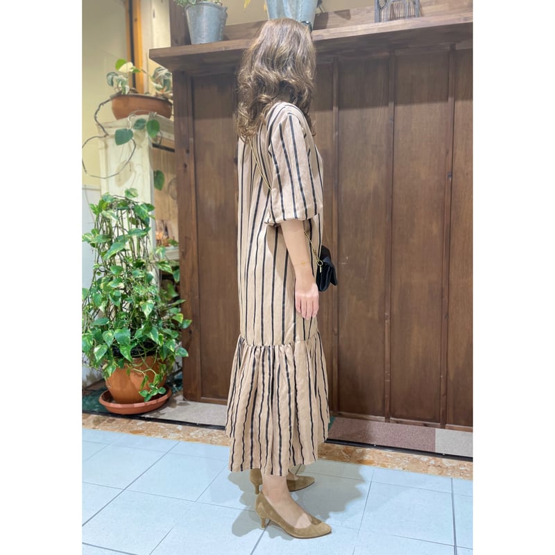 美品 マメクロゴウチ オフショルダー リネン ワンピース ストライプ ブルー 2 美品 マメクロゴウチ オフショルダー リネン ワンピース