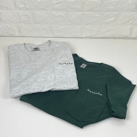 Hanaoka-ポケット付ロゴＴシャツ【アッシュ】