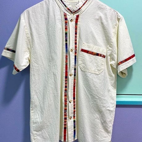 vintage／ペルー古布　ノーカラー半袖シャツ
